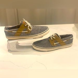 Tommy Bahama Boat Shoes. Denim/Brown. Never worn. Men’s size 10D